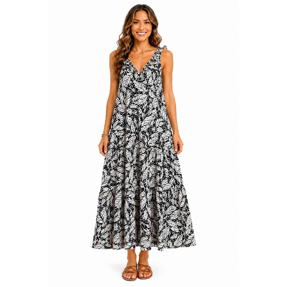Black & White Tropical Leaf 100% Cotton Lined  Maxi Dress 12 Boho Resort Beach